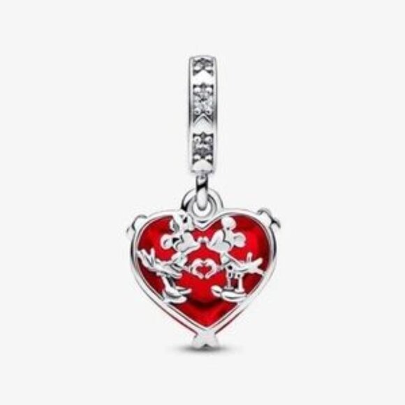 Pandora Disney Mickey & Minnie Mouse Kiss Red Murano Glass Dangle Charm - Picture 1 of 3